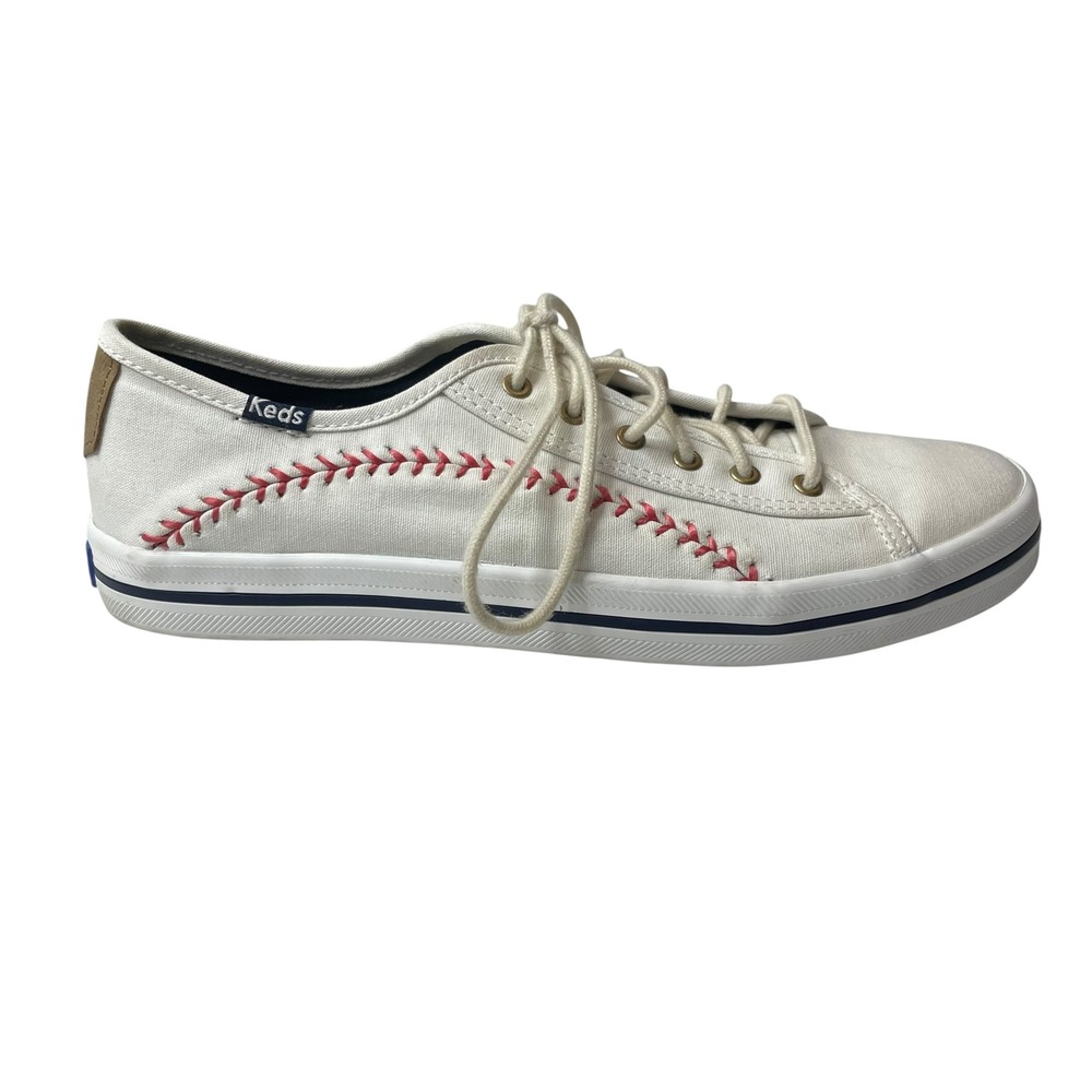Keds Kickstart Baseball Canvas Sneakers Cream Red Stitching Womens Shoes